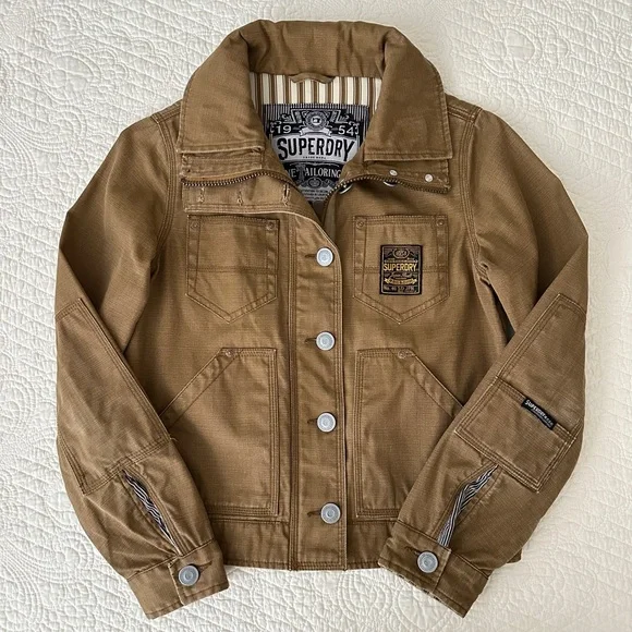 Superdry Fine Tailoring Canvas Tan Utility Work Chore Military Jacket Cotton S - Picture 12 of 13